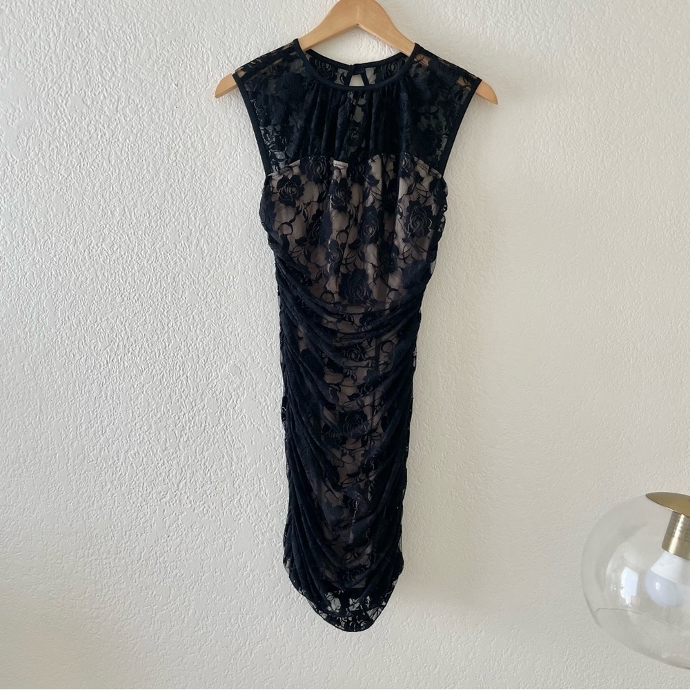 Ruby Rox Black Sheer Floral Lace Bodycon Ruched Dress - Picture 2 of 5